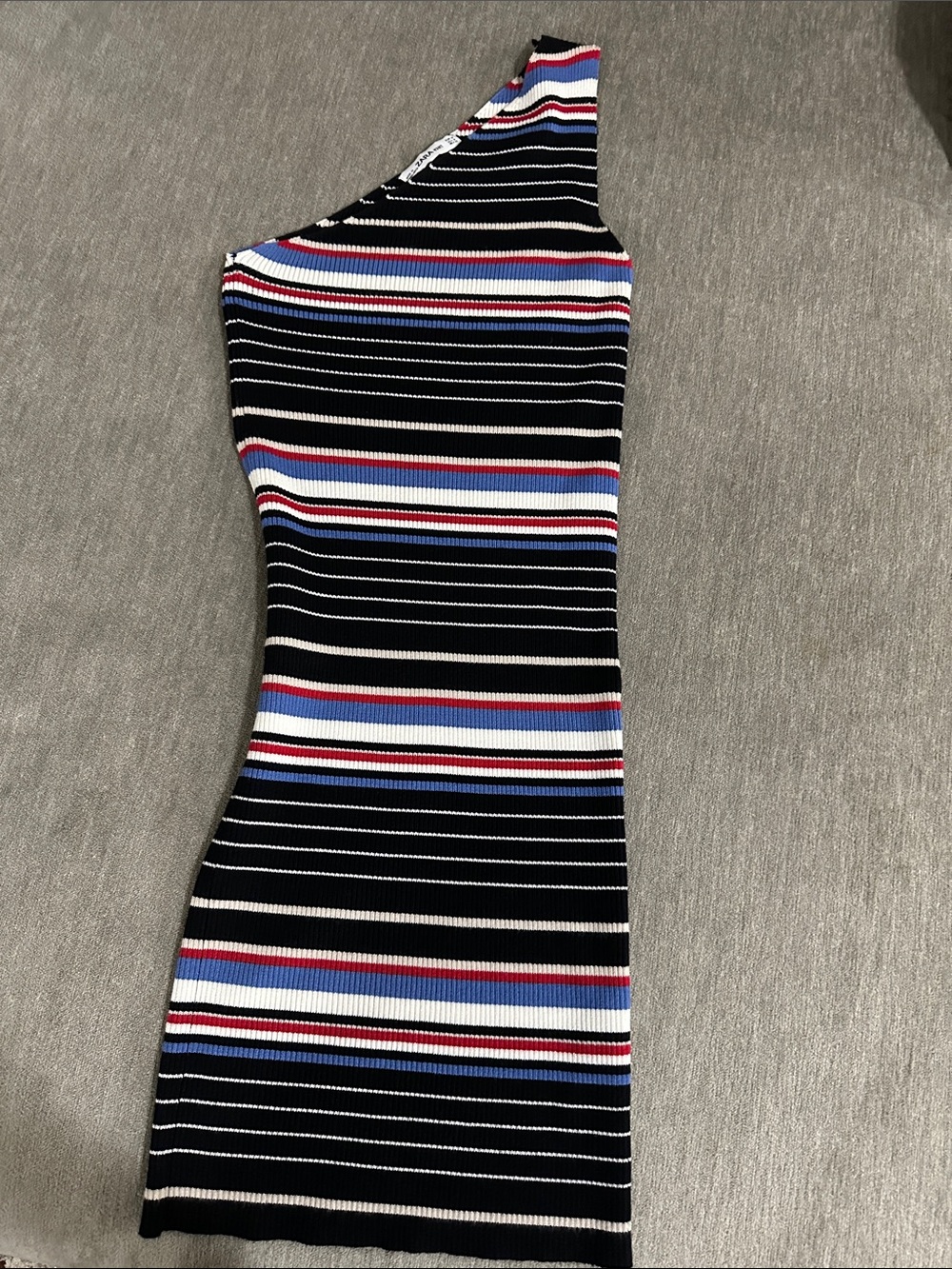 Zara One-Shoulder Black Striped Knit Dress with Blue, White & Pink Accents